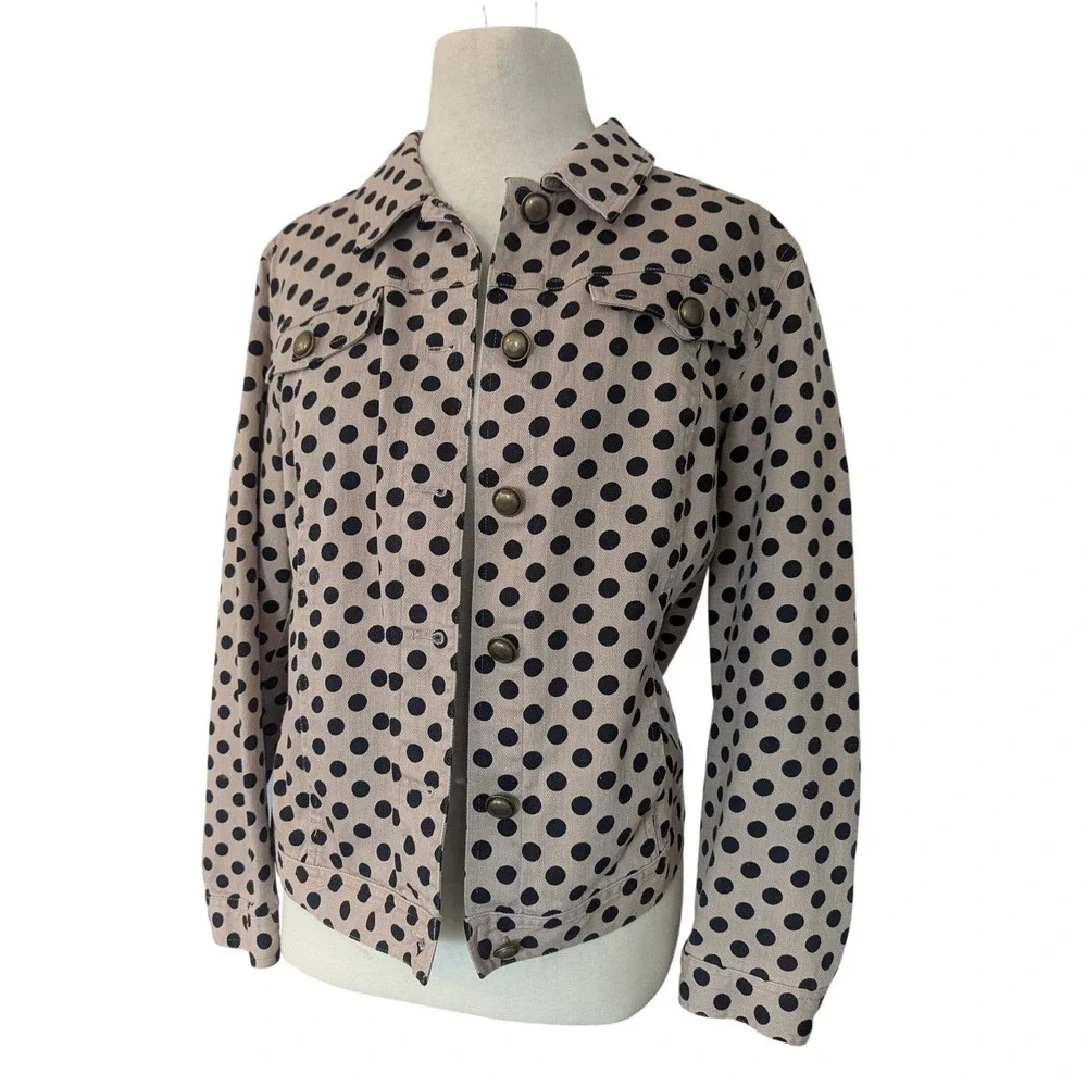 Christopher & Banks Petite Polka Dot Denim Jacket Tan Black Button Front PM